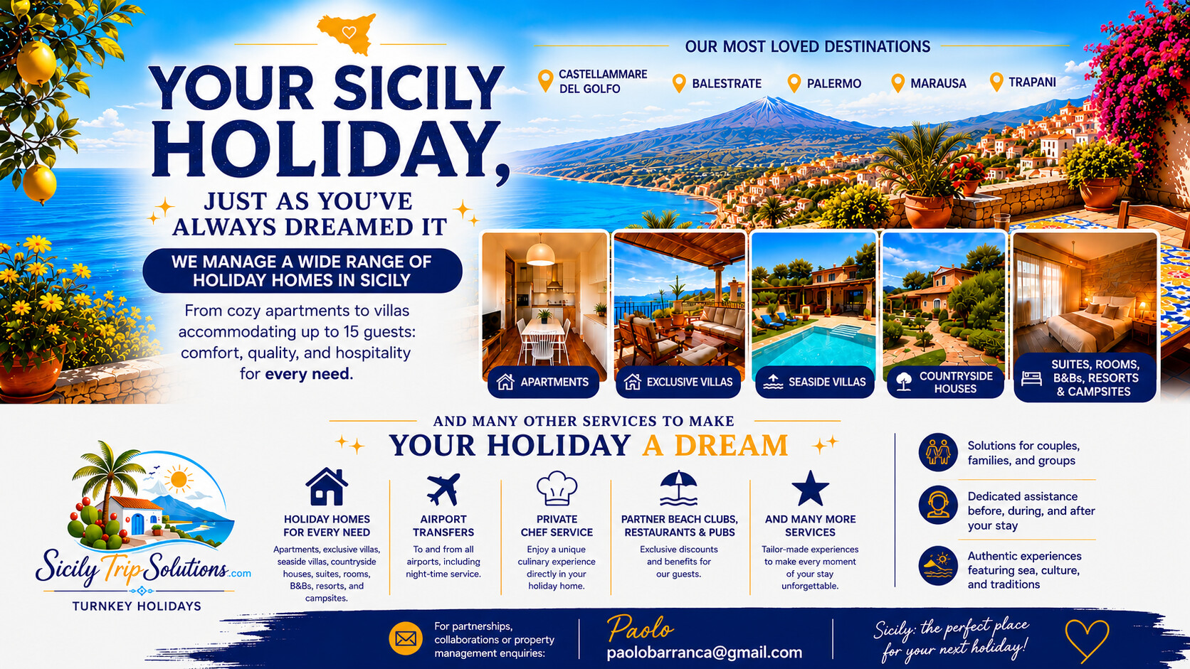 Your Sicily Holiday campaign artwork presenting holiday homes, destinations and travel services across Sicily