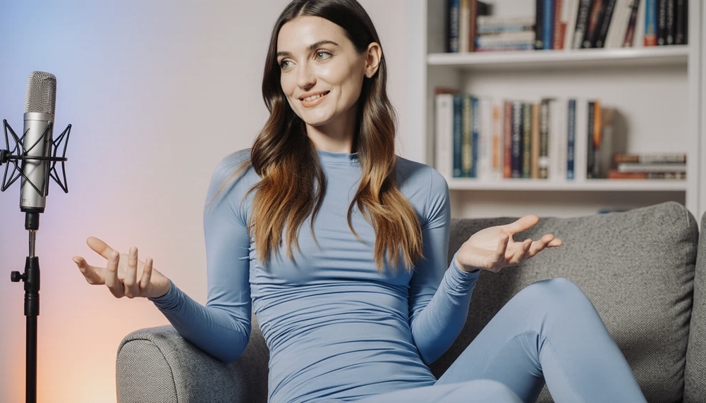 AI-assisted advertising concept showing a presenter in a home-studio setting