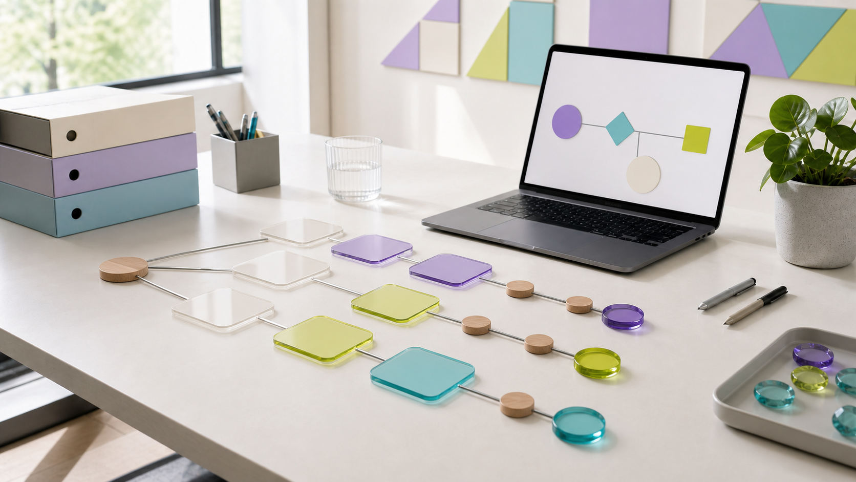 Bright evidence-led research and decision workflow arranged across a strategy workspace